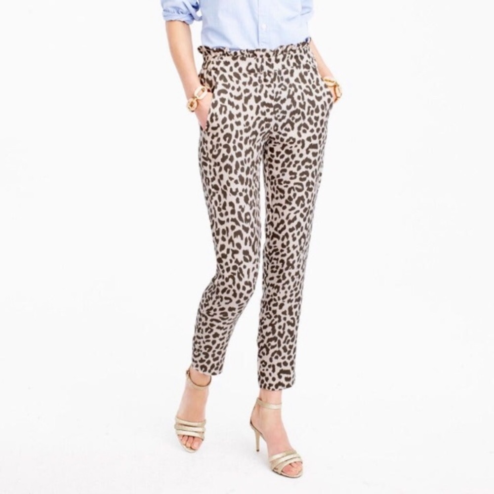 J.Crew ruffle-waist linen leopard print pant